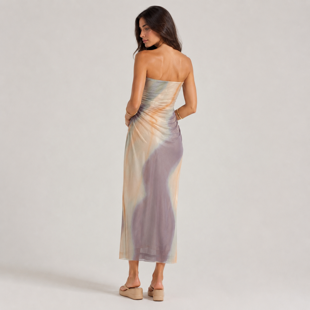 Rochie Zara fără bretele cu drapaje și imprimeu abstract pastel
