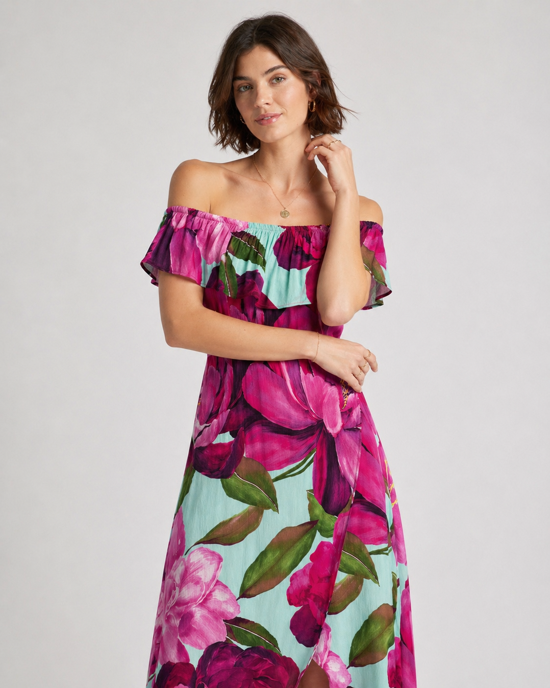 Rochie Desigual florală roz cu umerii goi
