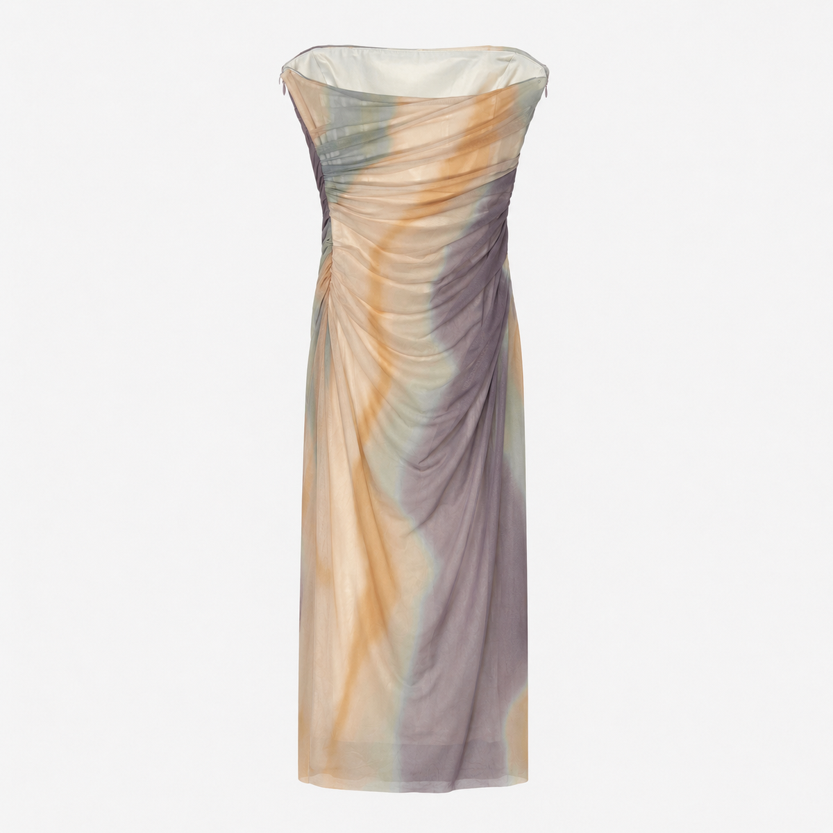 Rochie Zara fără bretele cu drapaje și imprimeu abstract pastel