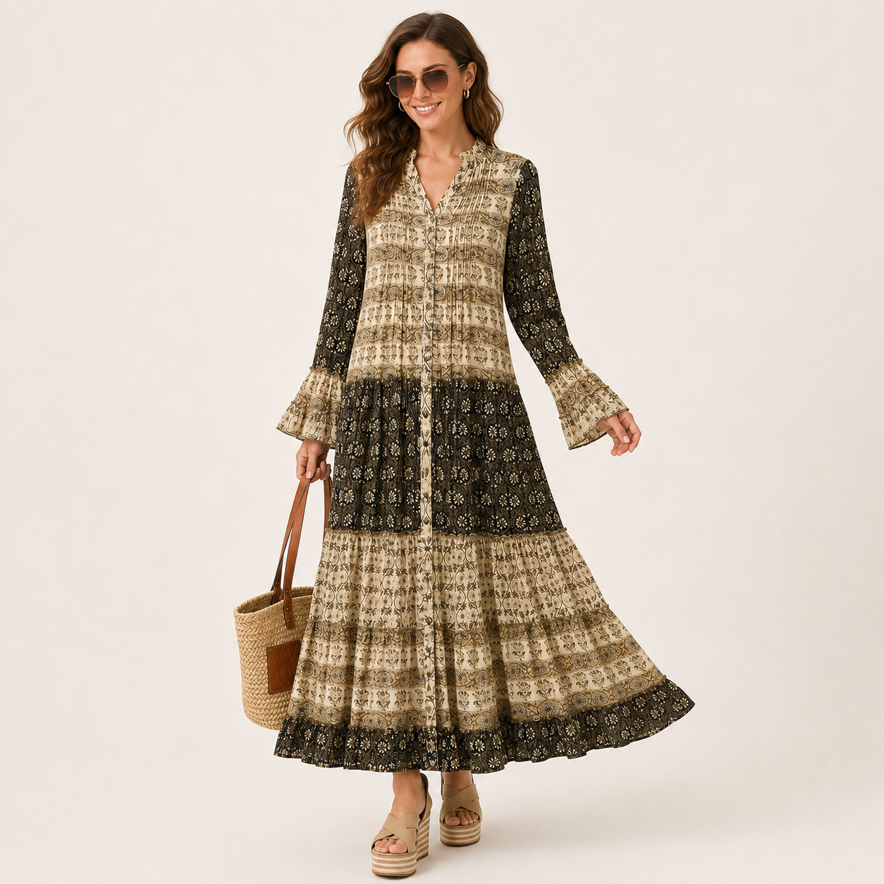 Rochie Isla Ibiza Bonita bej cu imprimeu boho