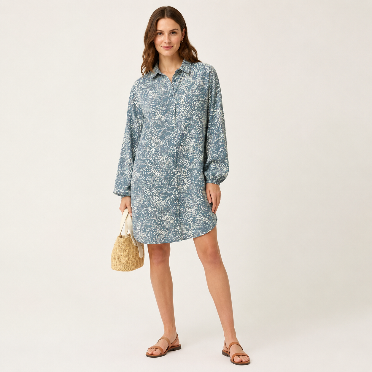 Rochie tip cămașă b.young albastru smoke cu imprimeu abstract