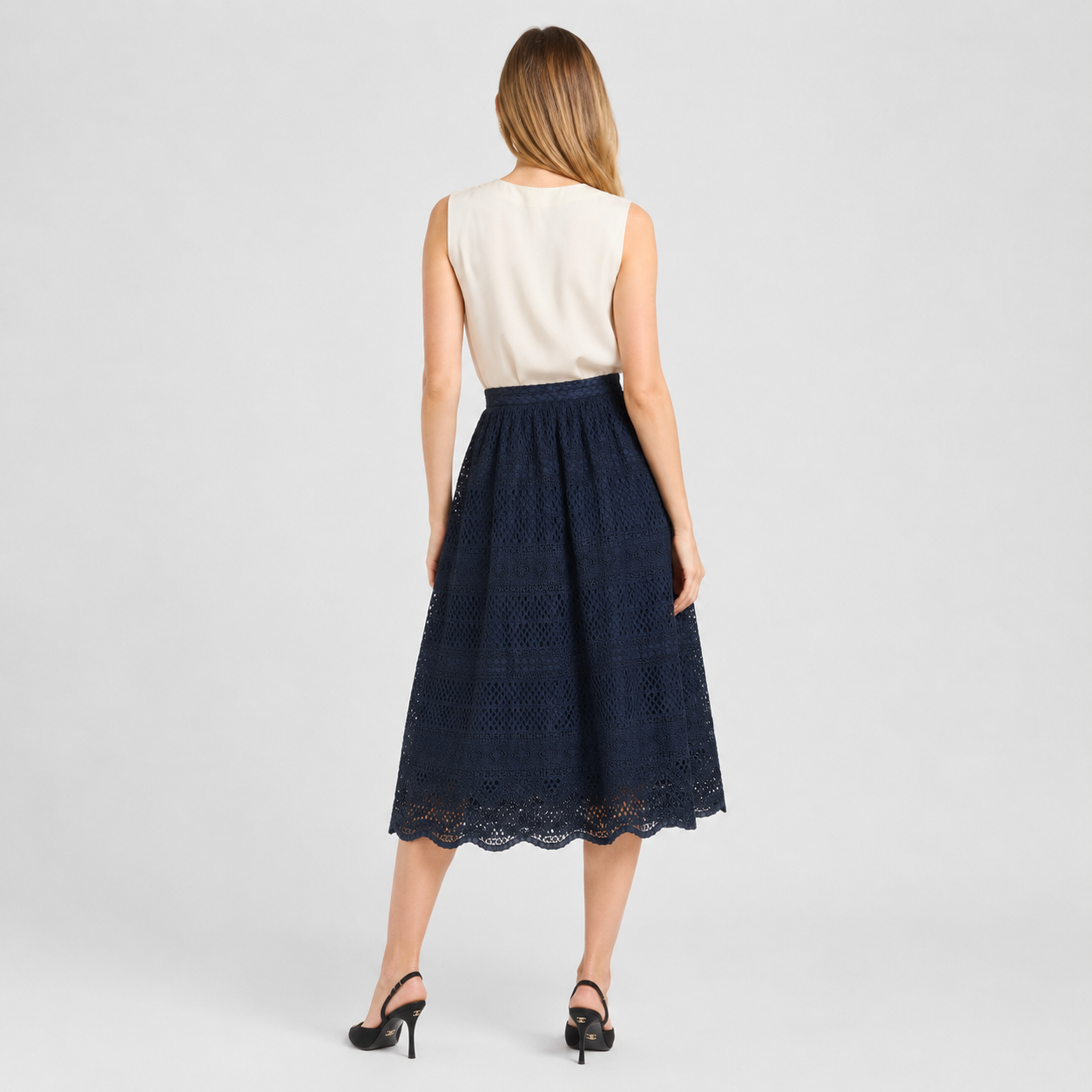 Fustă Tommy Hilfiger bleumarin din dantelă brodată