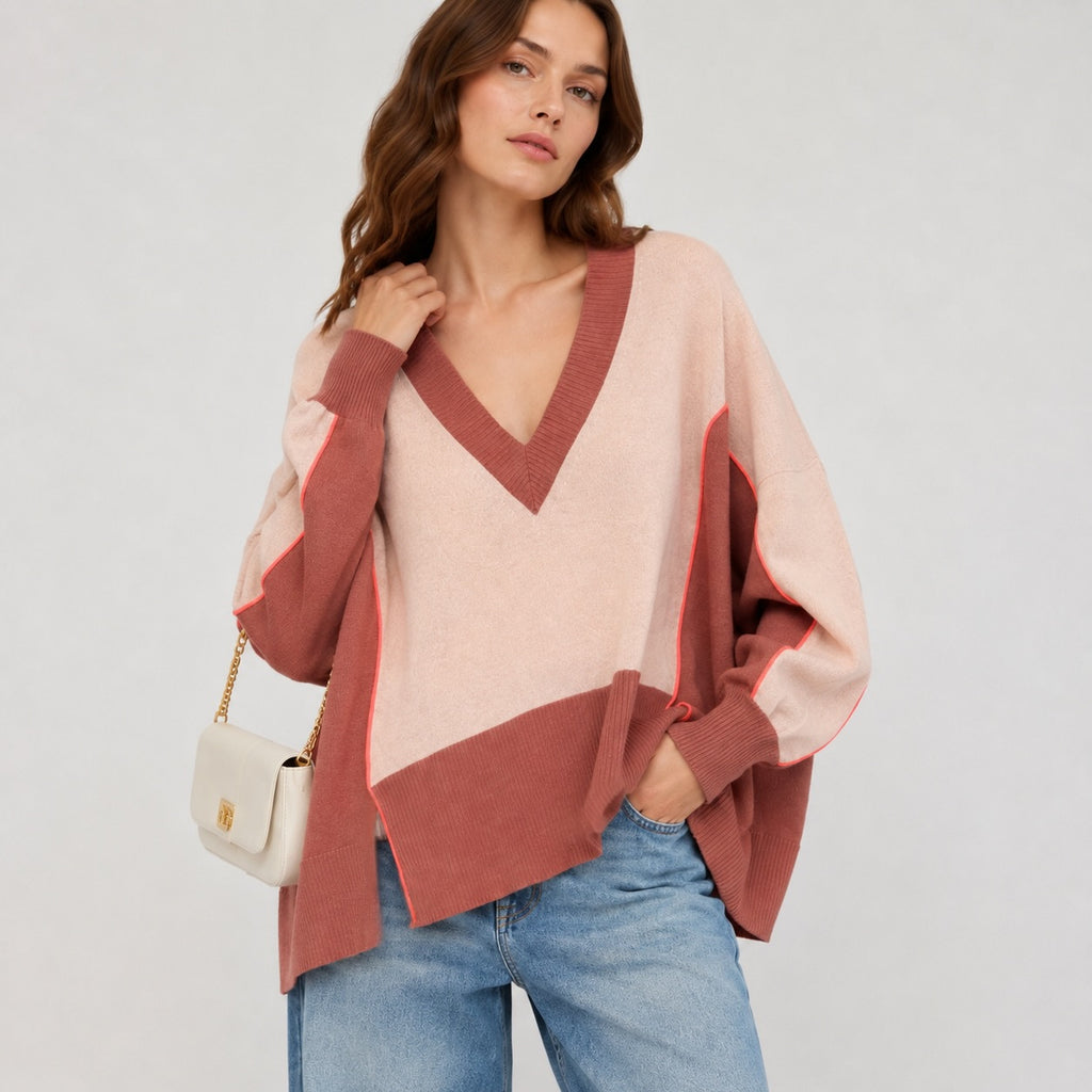 Pulover MAX&Co. by Max Mara Colorblock cu decolteu în V din mix de lână și cașmir