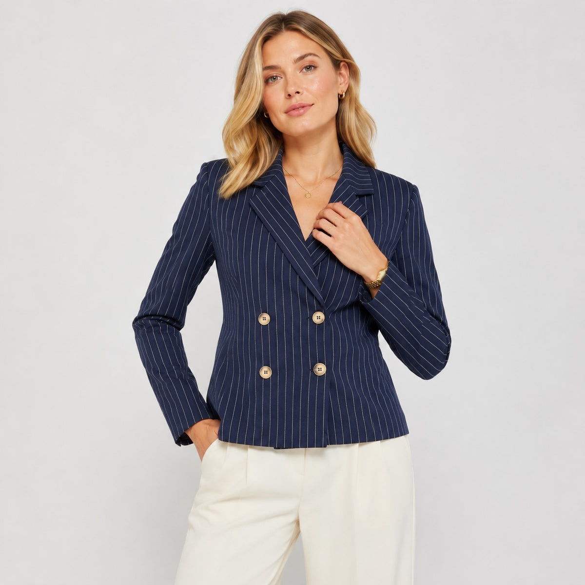Sacou VILA bleumarin double breasted cu dungi fine
