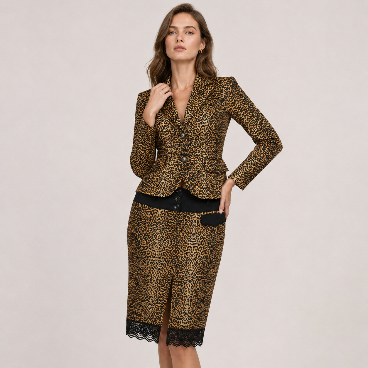 Costum Cinema Donna cu imprimeu leopard, sacou și fustă