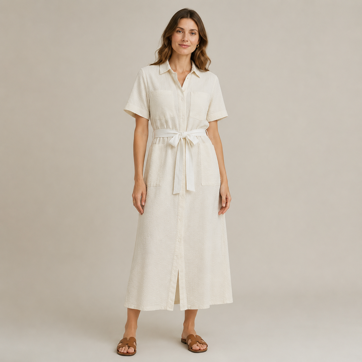 Rochie NAH/STUDIO seersucker alb natur