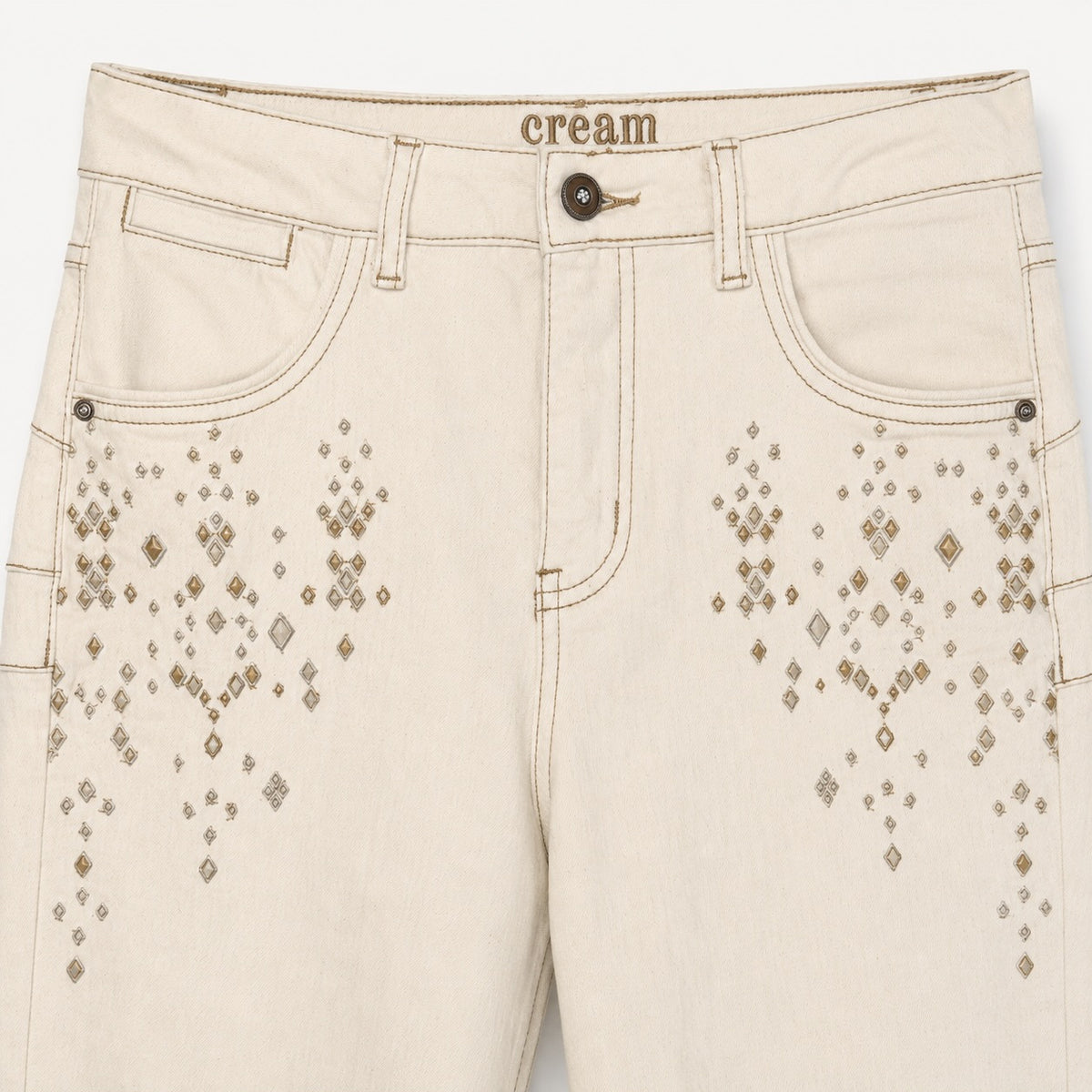 Blugi Cream Jada crem evazați cu aplicații decorative