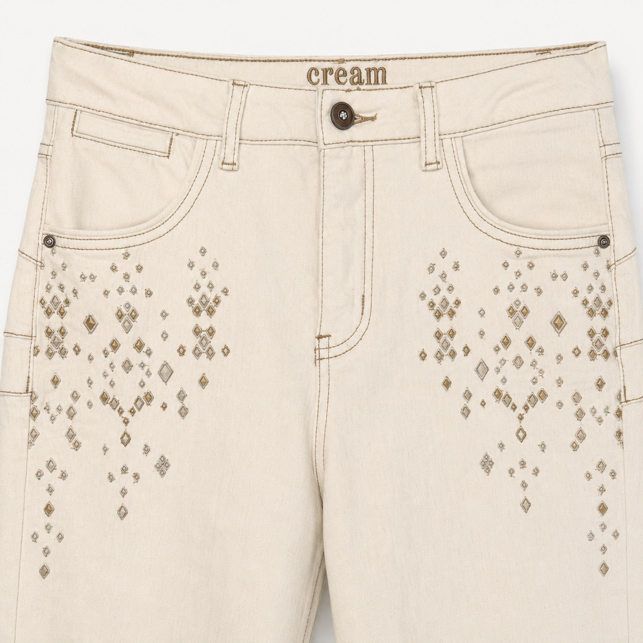 Blugi Cream Jada crem evazați cu aplicații decorative