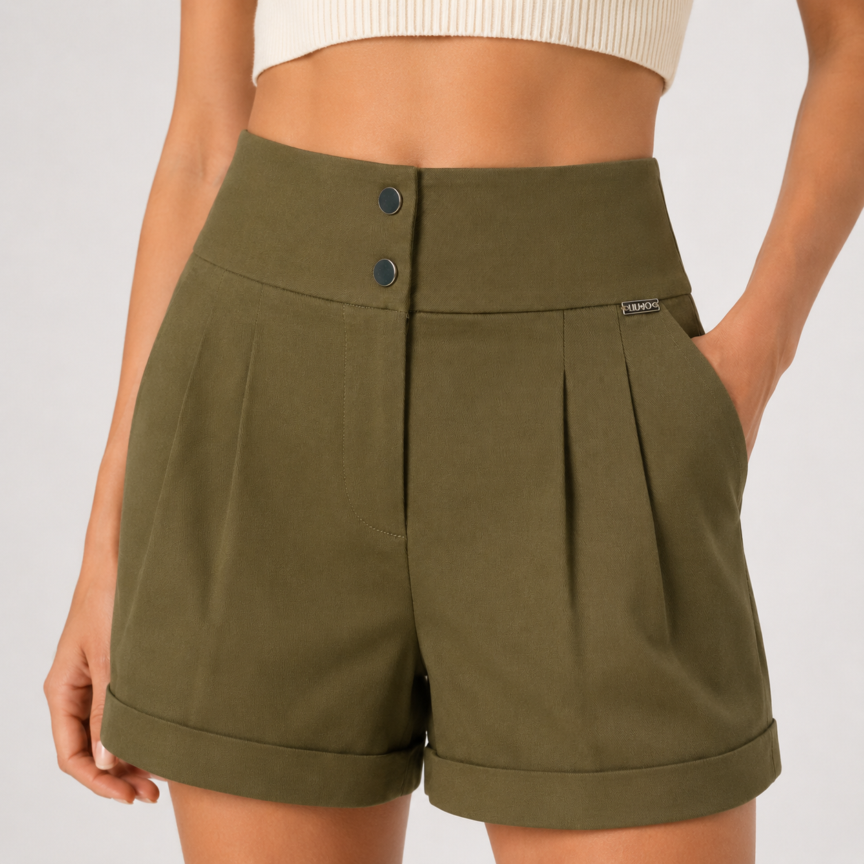 Pantaloni scurți Liu Jo kaki cu talie înaltă