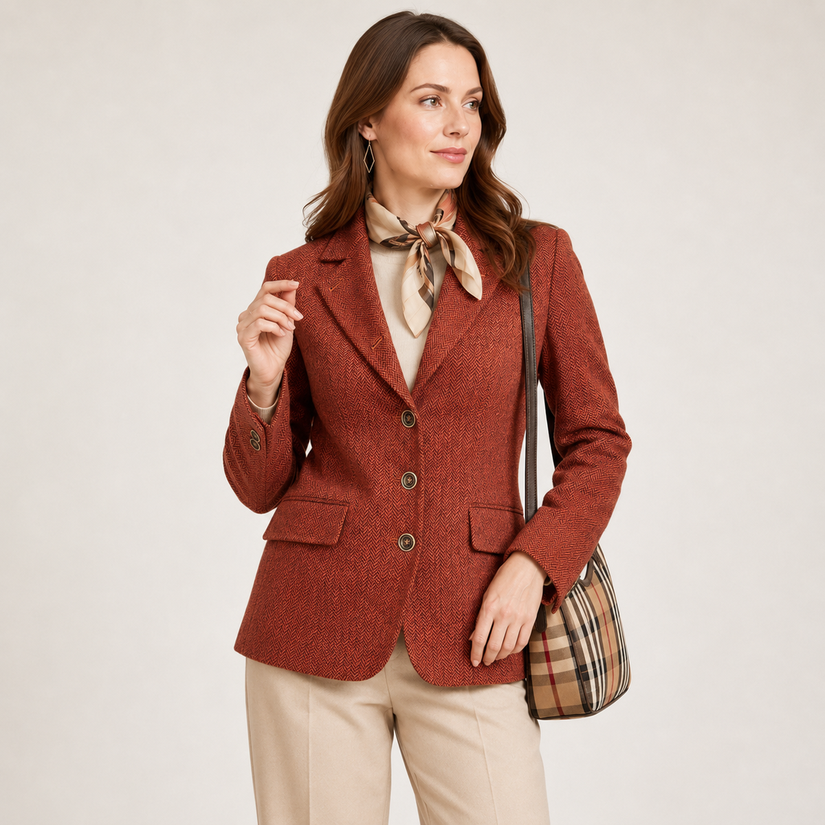 Sacou Madeleine cărămiziu din amestec de lână cu model herringbone