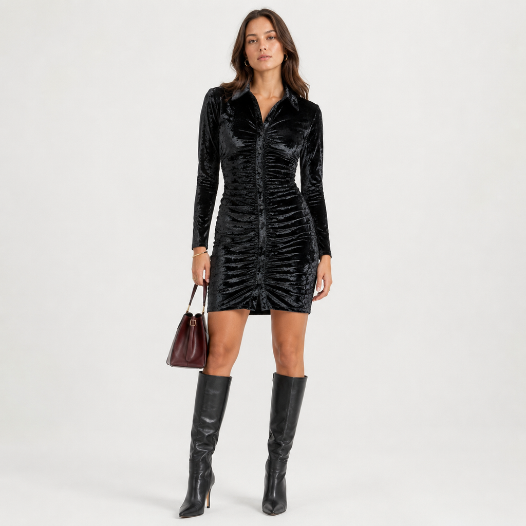 Rochie QS by s.Oliver din catifea neagră cu drapaje și nasturi