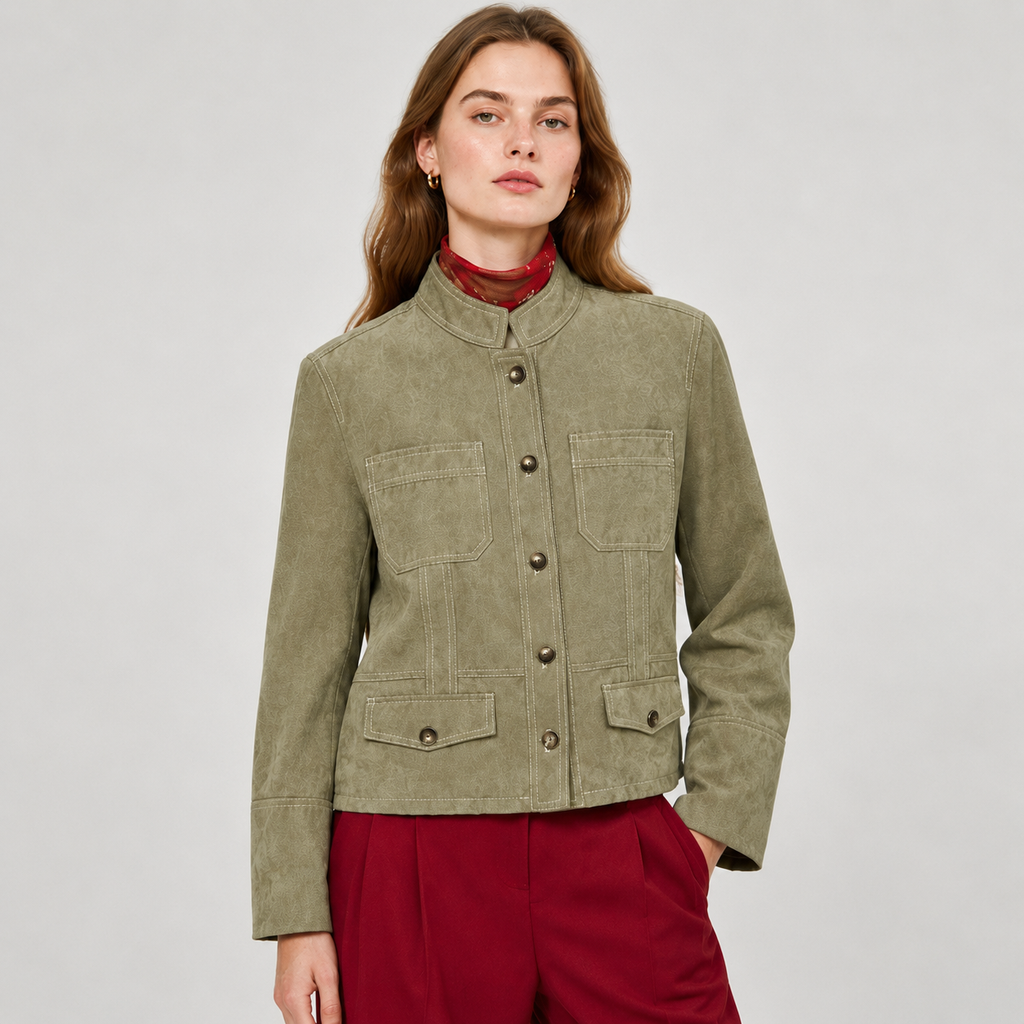 Jachetă vintage Biaggini olive cu cusături contrastante și buzunare aplicate