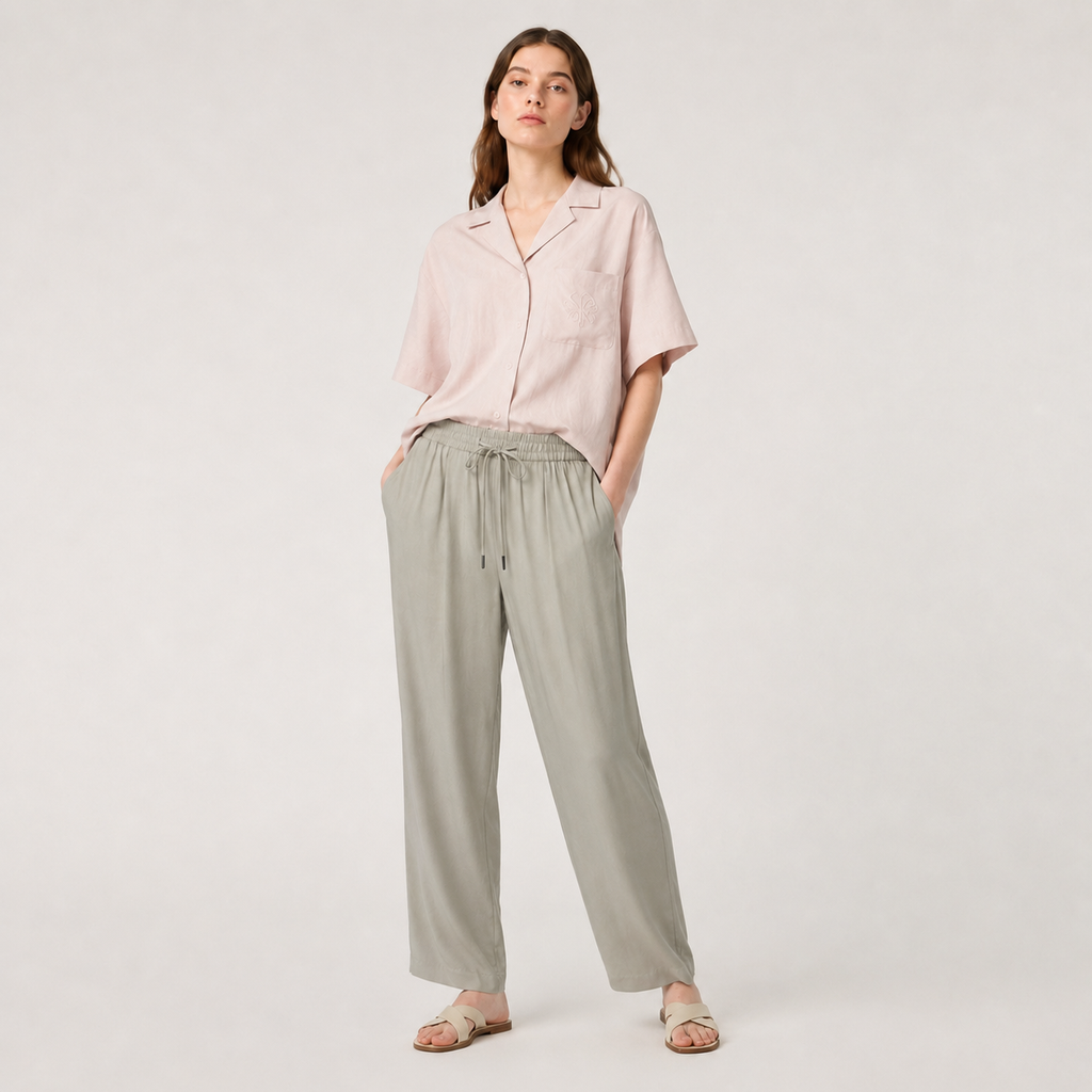 Pantaloni Mango kaki deschis cu talie elastică