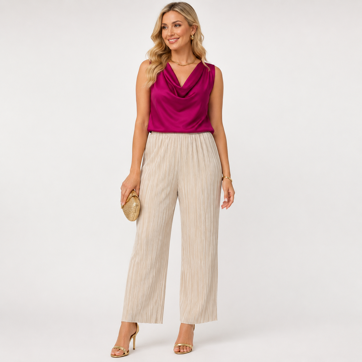 Pantaloni s.Oliver crem plisați wide leg
