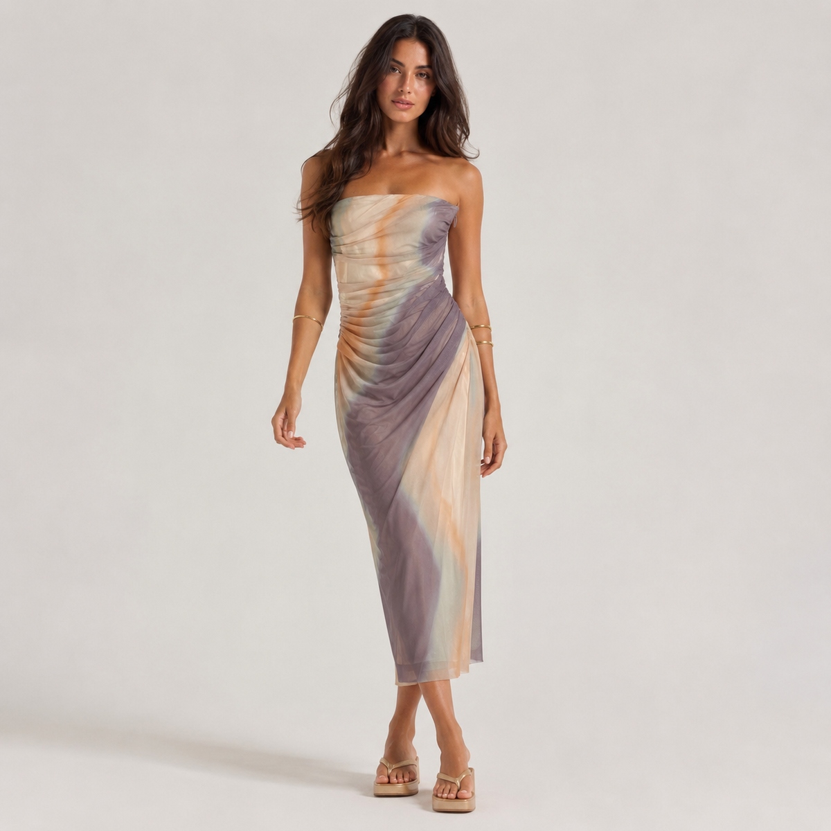 Rochie Zara fără bretele cu drapaje și imprimeu abstract pastel