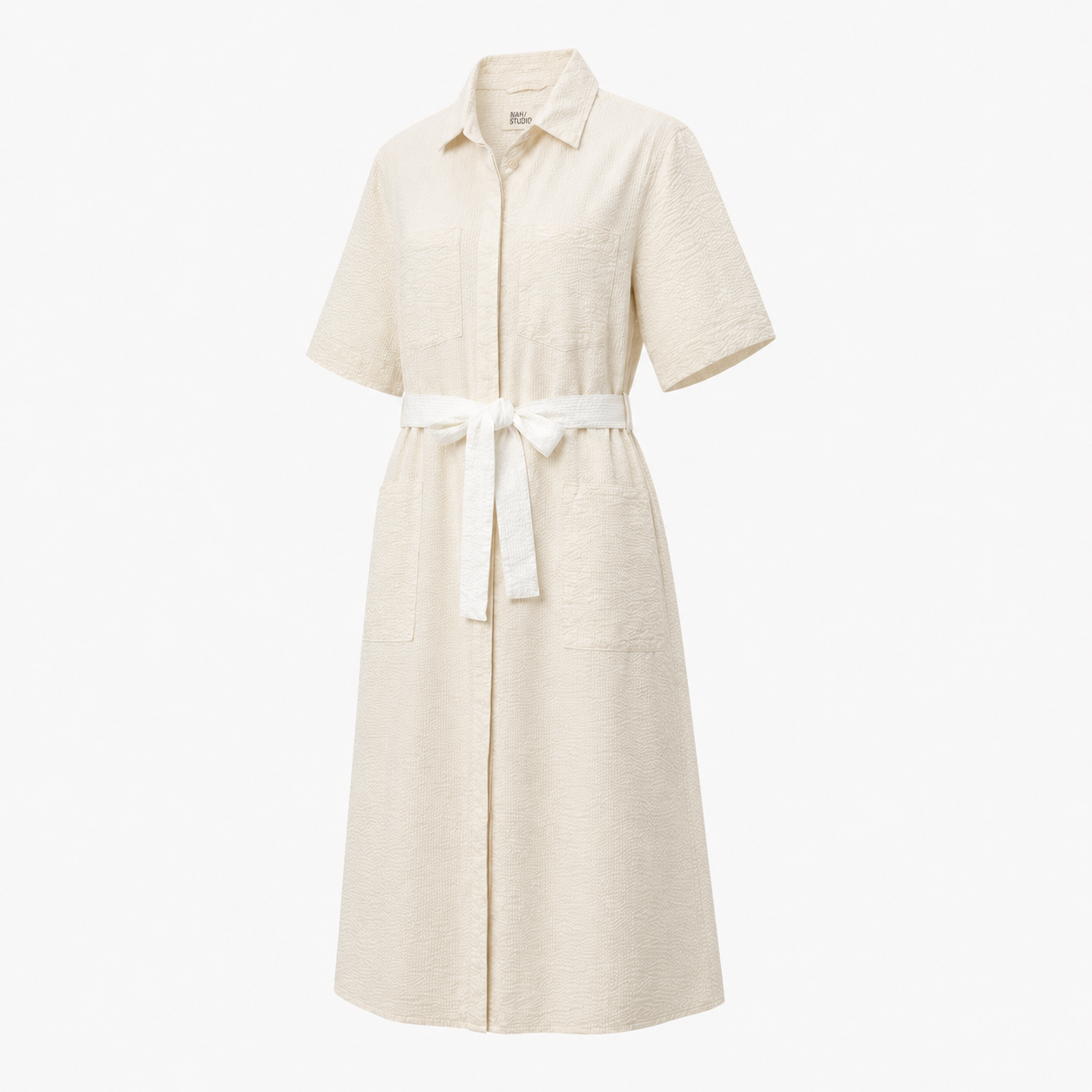 Rochie NAH/STUDIO seersucker alb natur
