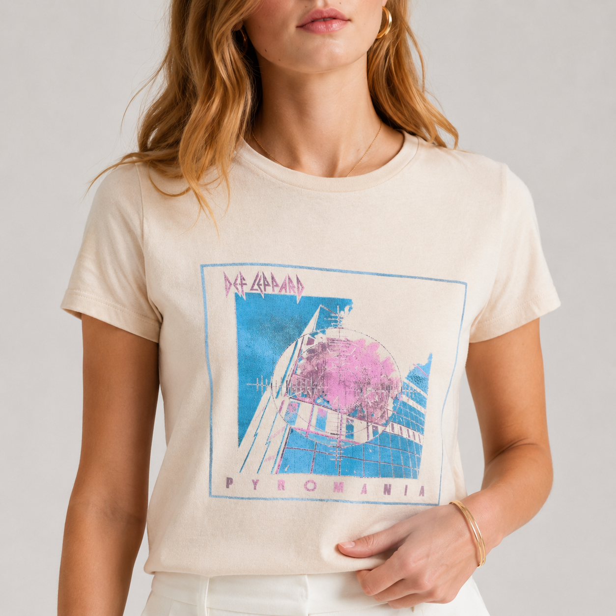 Tricou Review Def Leppard bej cu print Pyromania