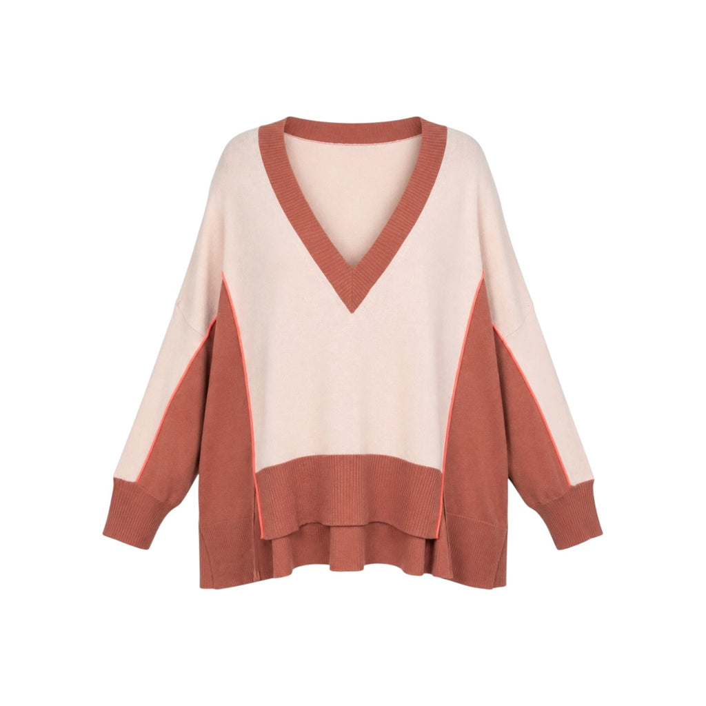 Pulover MAX&Co. by Max Mara Colorblock cu decolteu în V din mix de lână și cașmir