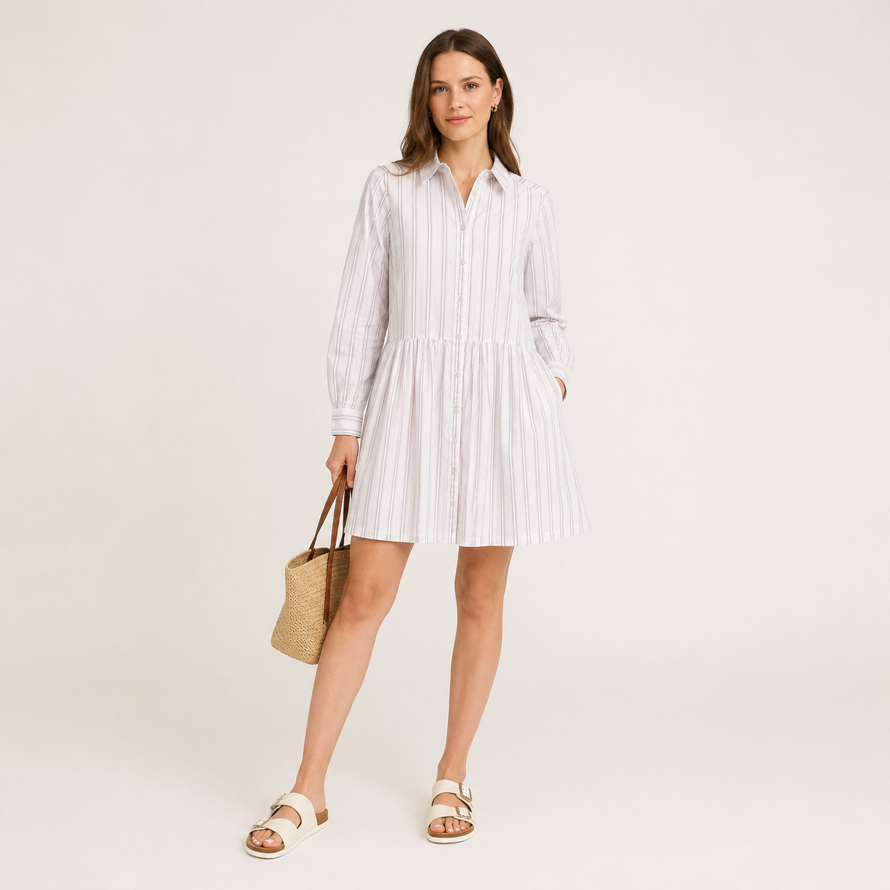 Rochie tip cămașă Q/S by s.Oliver albă cu dungi fine