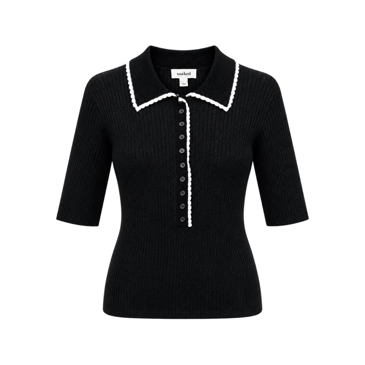 Bluză polo Soaked in Luxury neagră cu borduri albe, vedere frontală produs