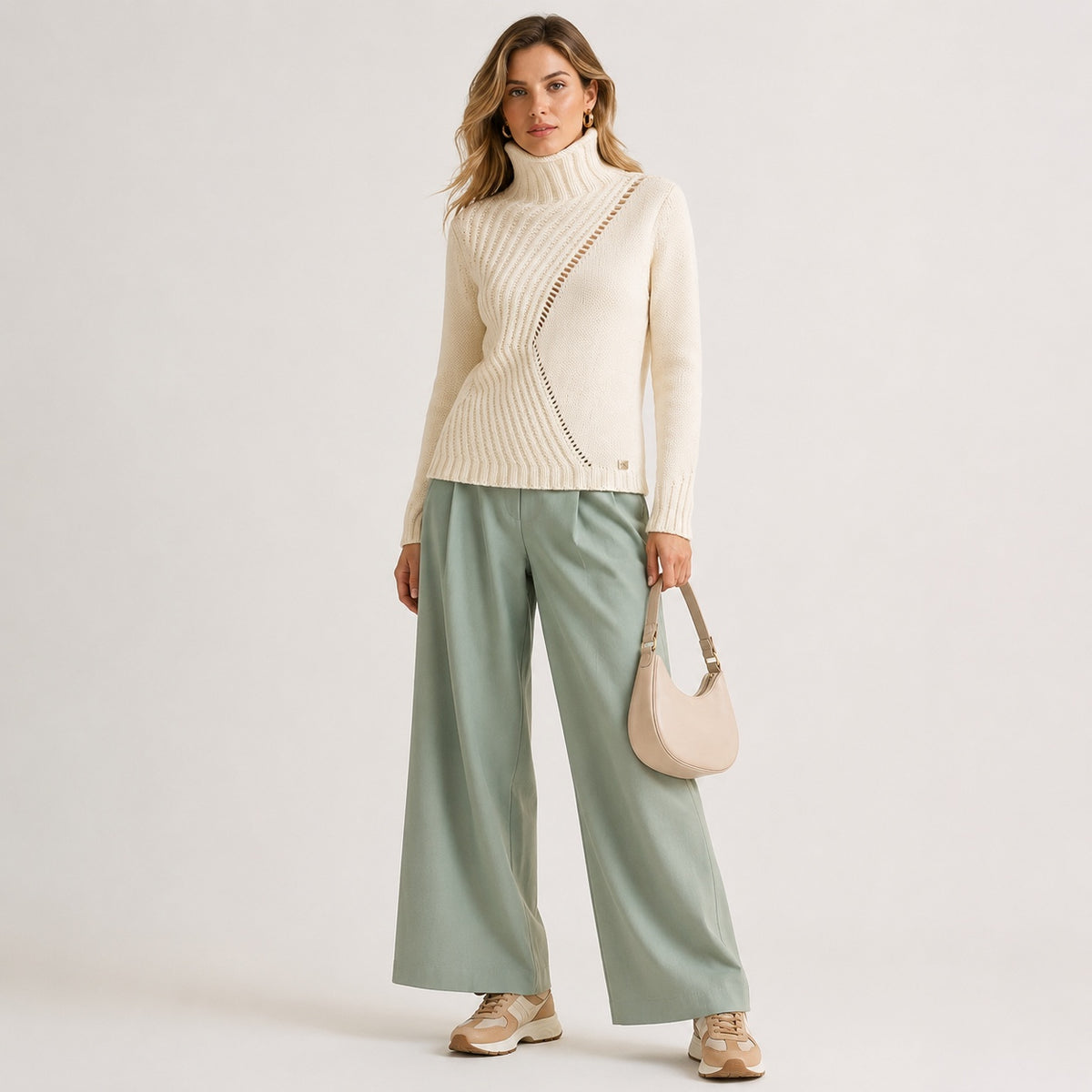 Pulover Calvin Klein Jeans ecru cu guler înalt și model ajurat asimetric