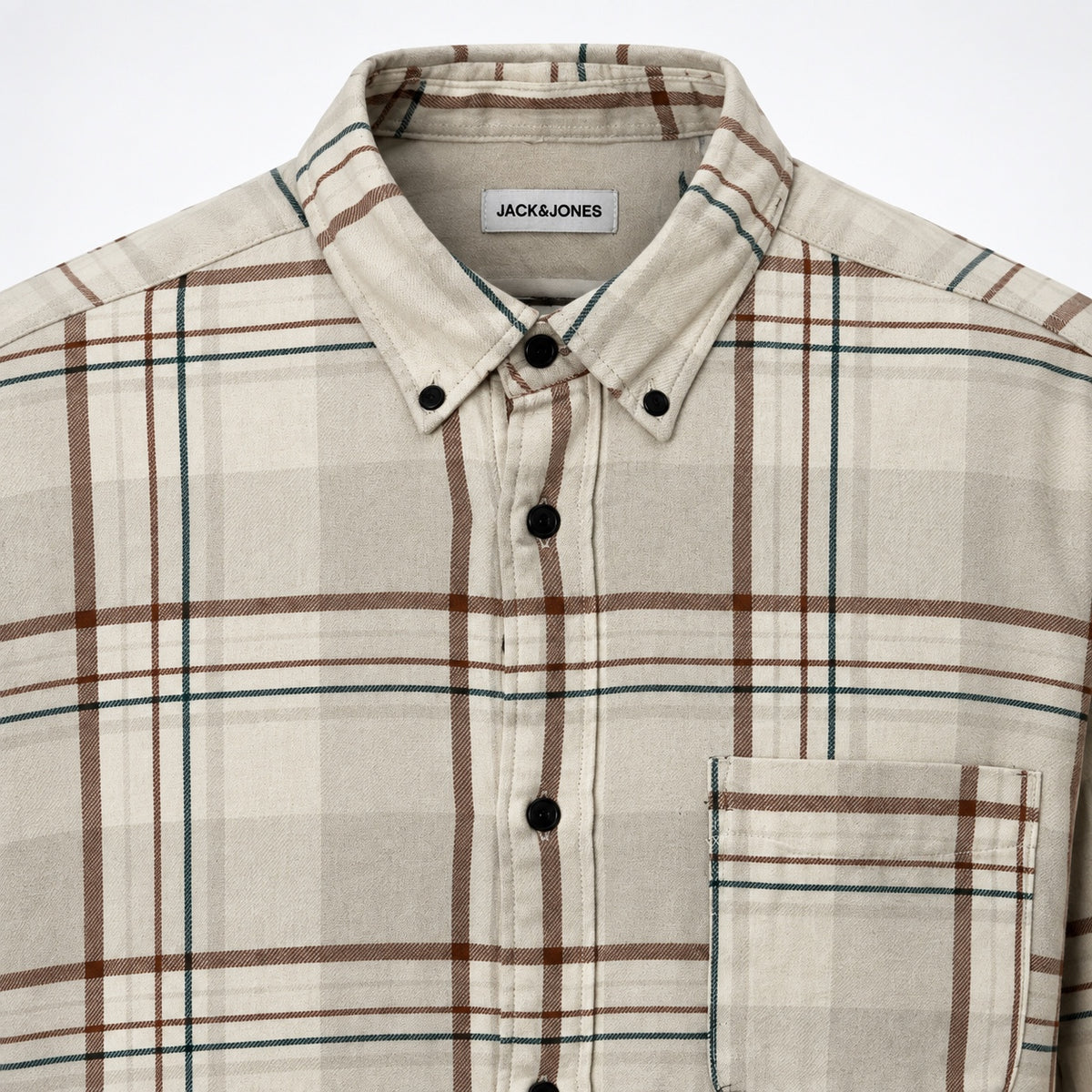 Cămașă Jack & Jones Island Fossil în carouri, detaliu guler button-down