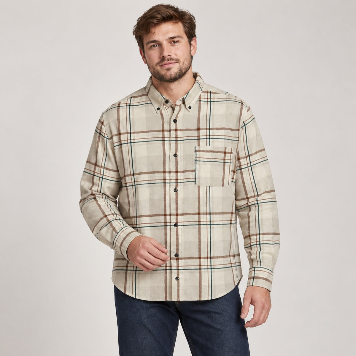 Cămașă Jack & Jones Island Fossil în carouri, vedere frontală pe model