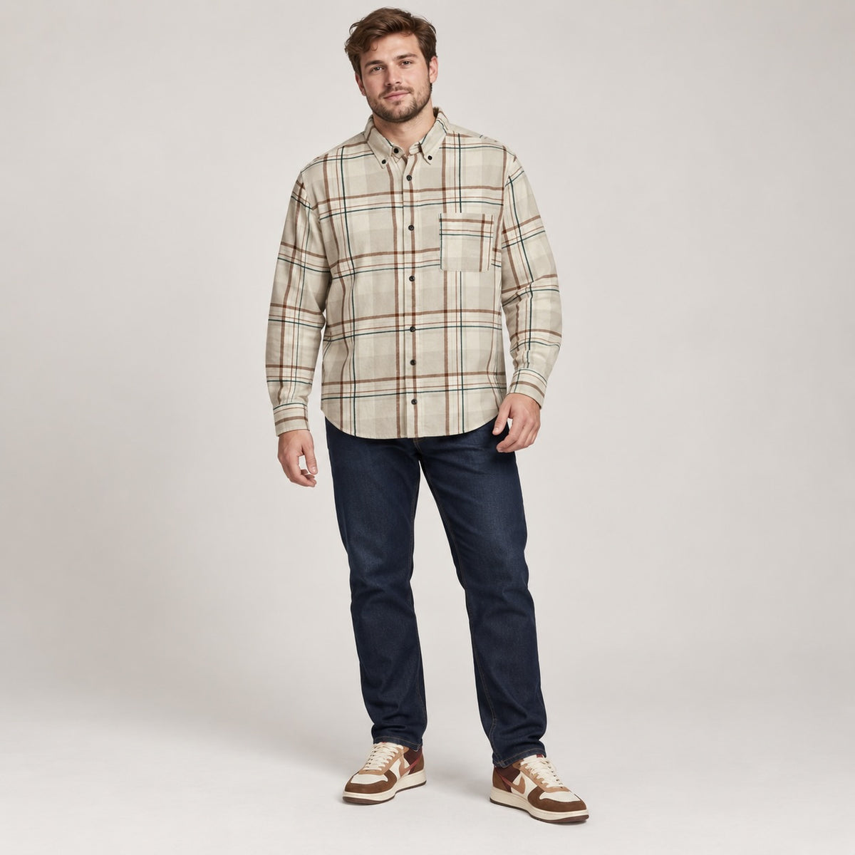 Cămașă Jack & Jones Island Fossil în carouri, ținută completă pe model