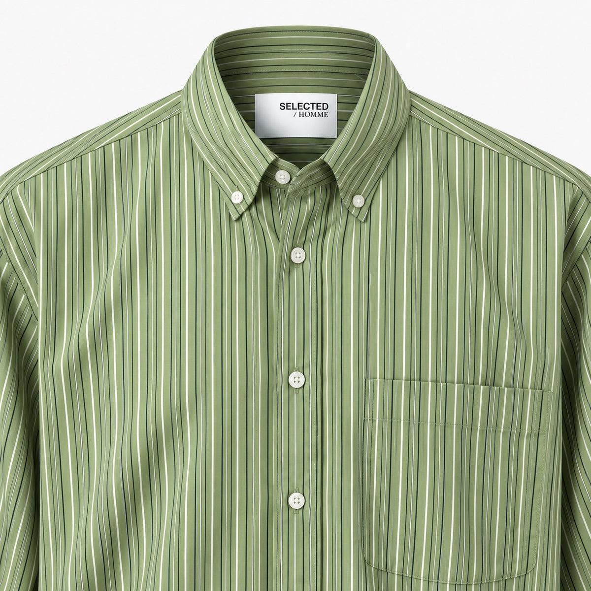 Cămașă Selected Homme verde cu dungi, detaliu guler button-down