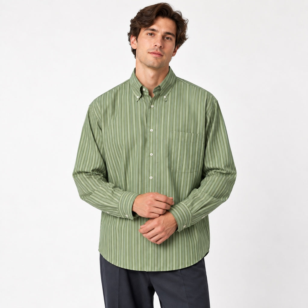 Cămașă Selected Homme verde cu dungi, vedere frontală pe model