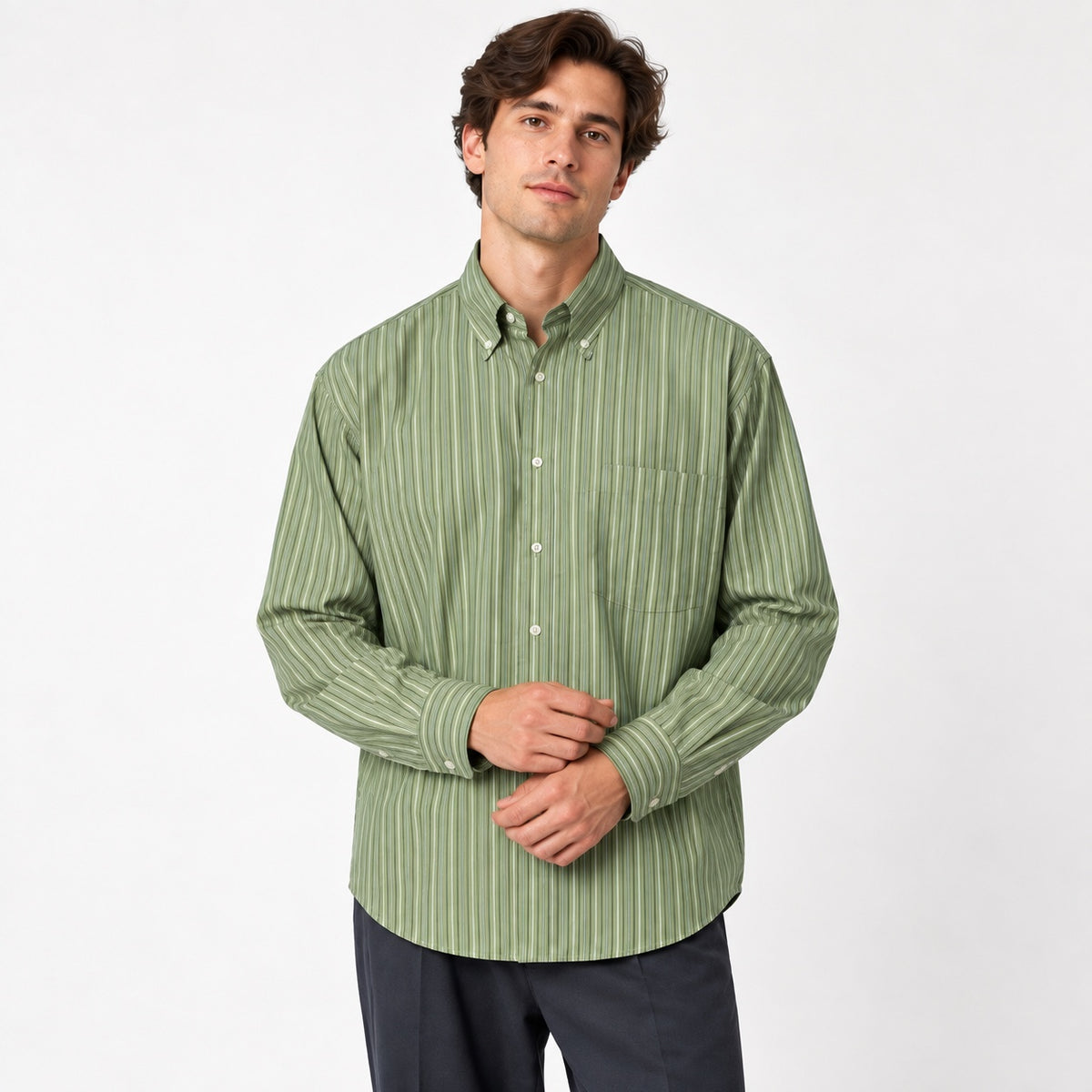 Cămașă Selected Homme verde cu dungi, vedere frontală pe model