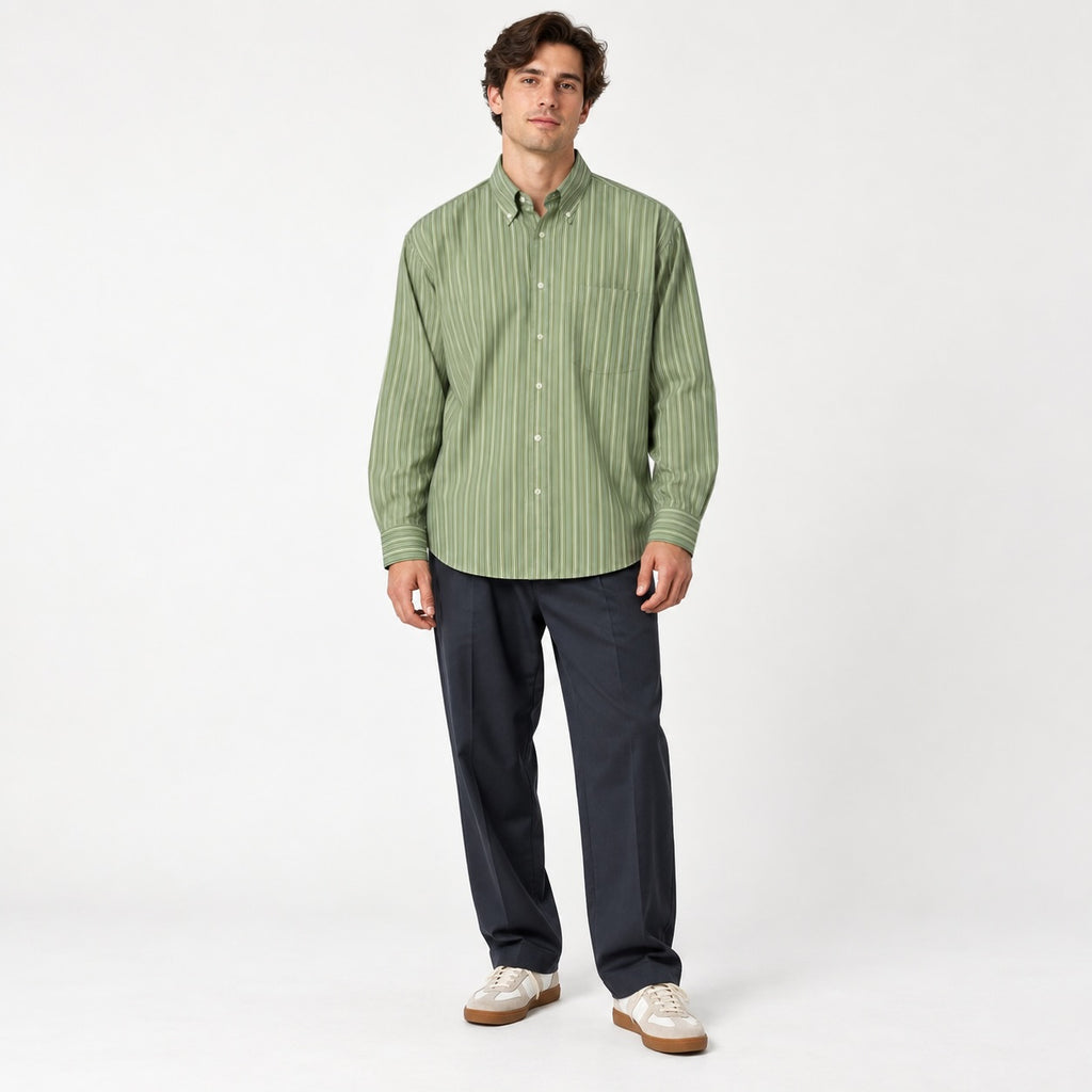 Cămașă Selected Homme verde cu dungi, ținută completă pe model