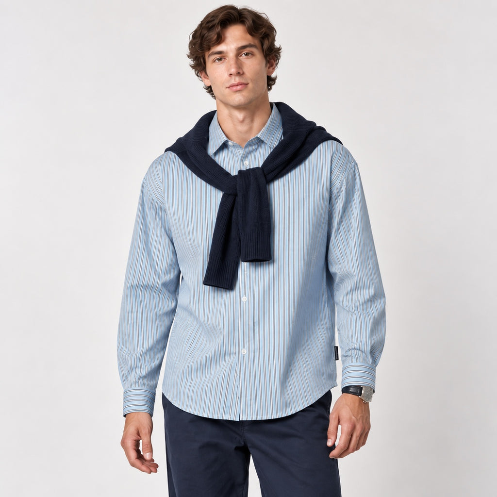 Cămașă Tom Tailor Denim albastru deschis cu dungi, vedere frontală pe model