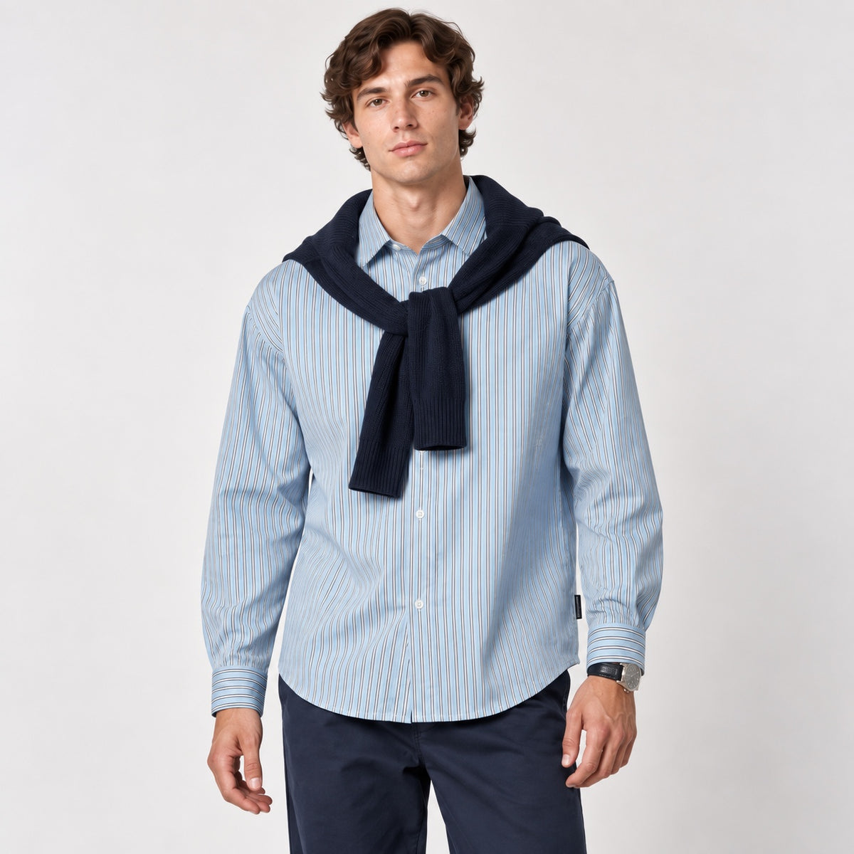 Cămașă Tom Tailor Denim albastru deschis cu dungi, vedere frontală pe model