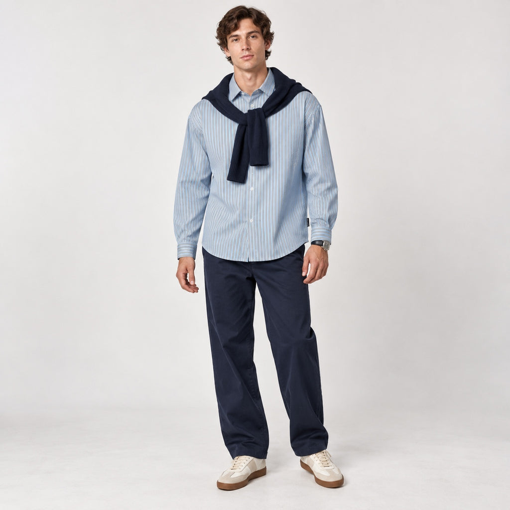 Cămașă Tom Tailor Denim albastru deschis cu dungi, ținută completă pe model