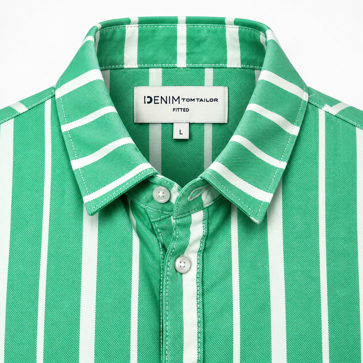 Cămașă Tom Tailor Denim verde cu dungi albe, detaliu guler