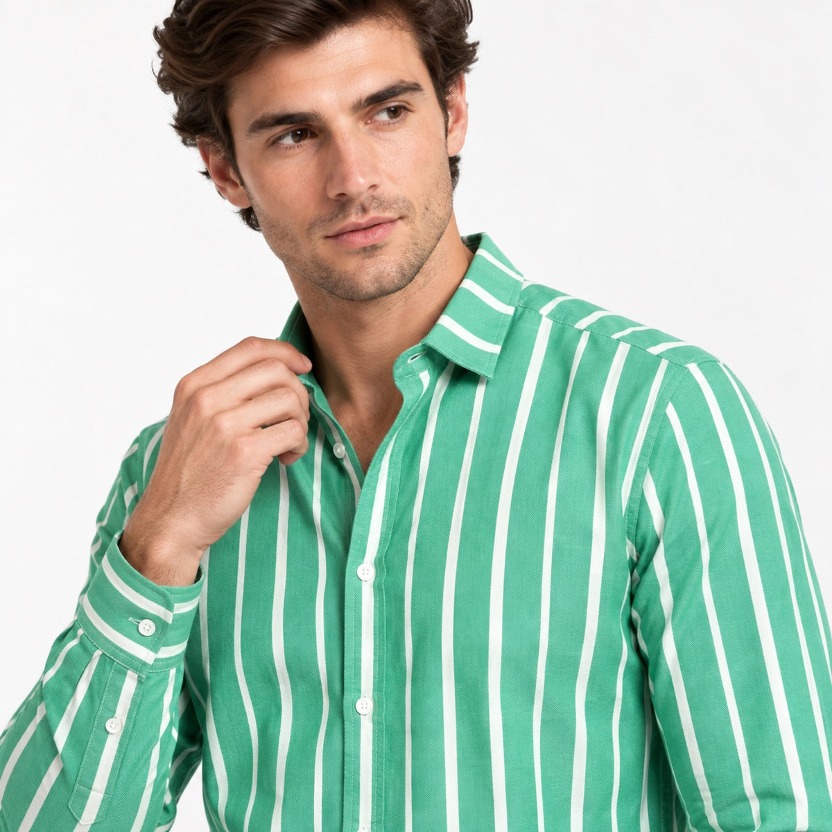 Cămașă Tom Tailor Denim verde cu dungi albe, detaliu frontal