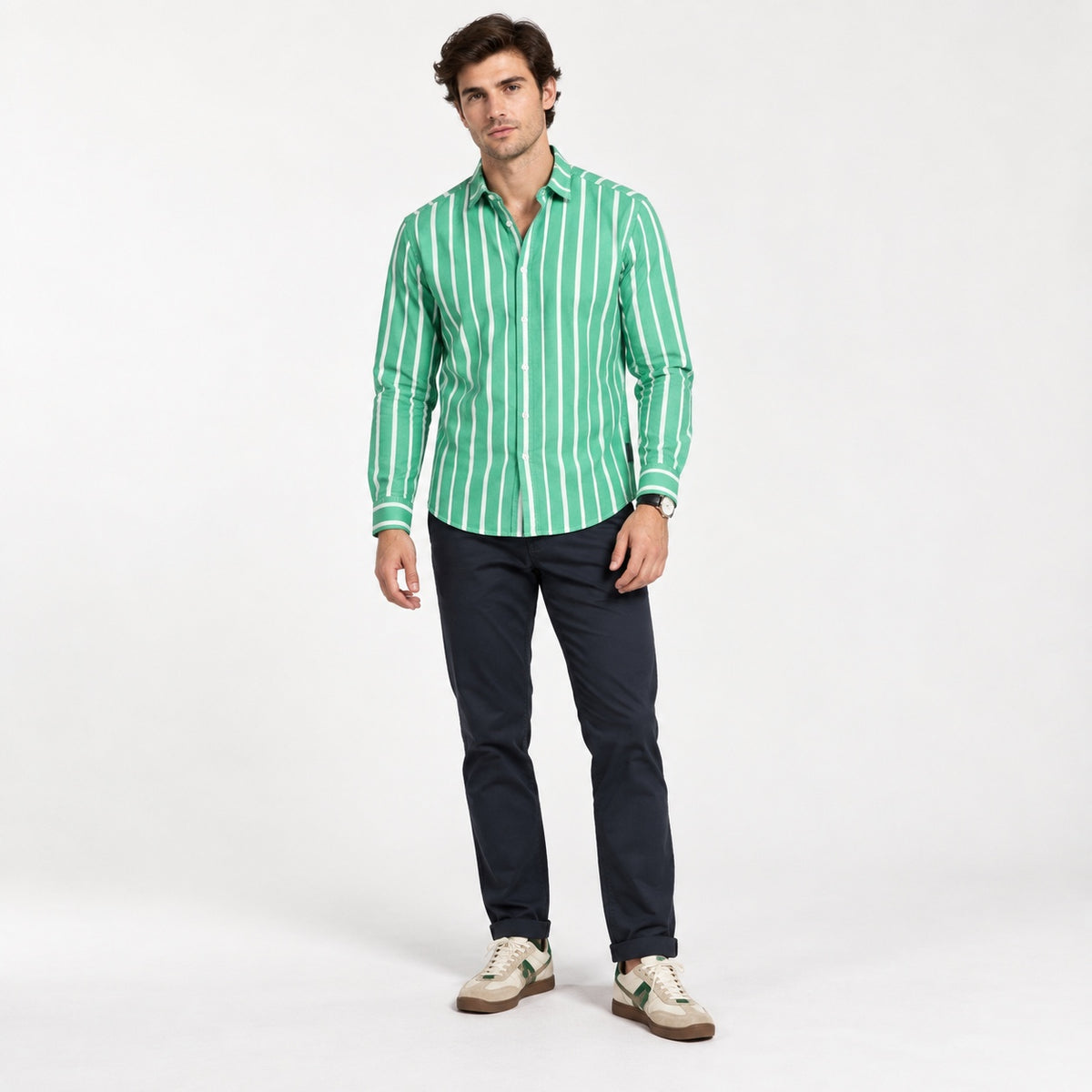 Cămașă Tom Tailor Denim verde cu dungi albe, ținută completă pe model