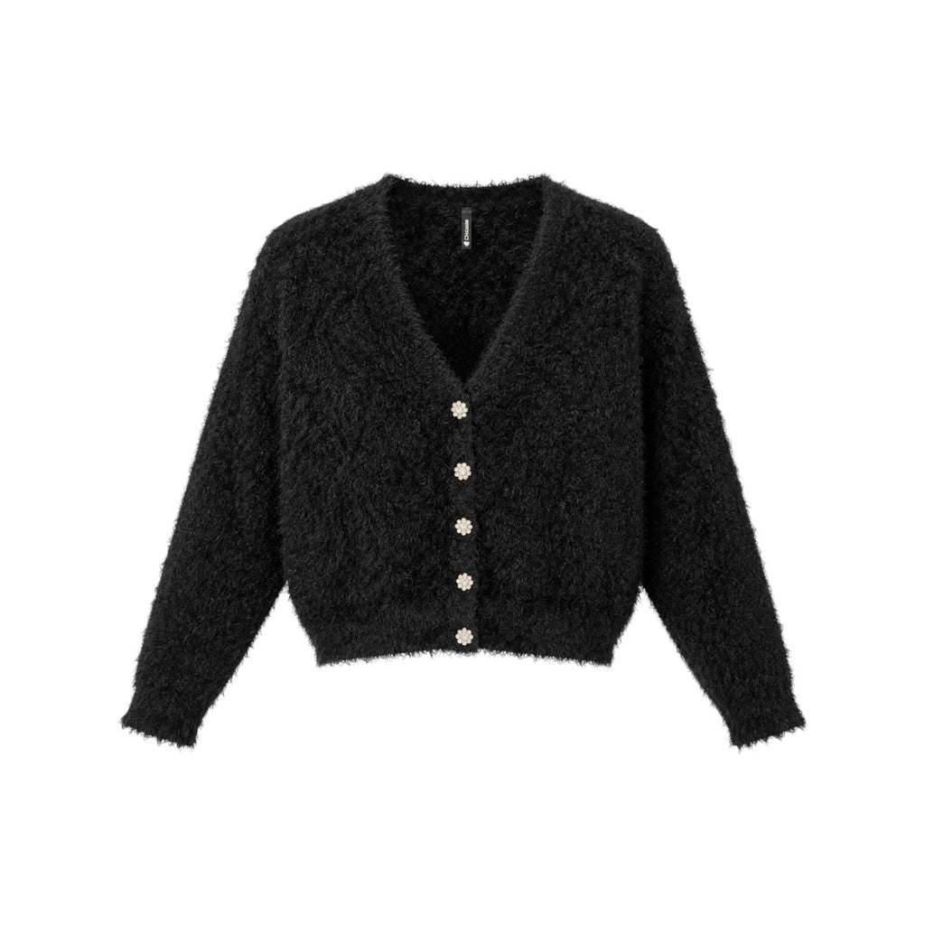 Cardigan Chicorée negru pufos cu nasturi tip bijuterie