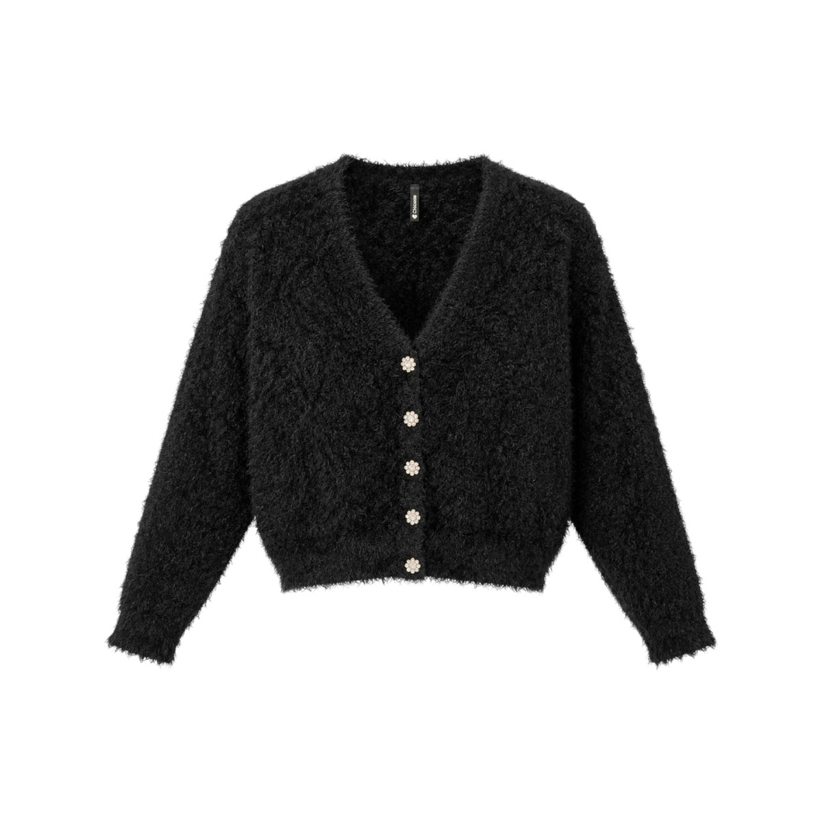 Cardigan Chicorée negru pufos cu nasturi tip bijuterie