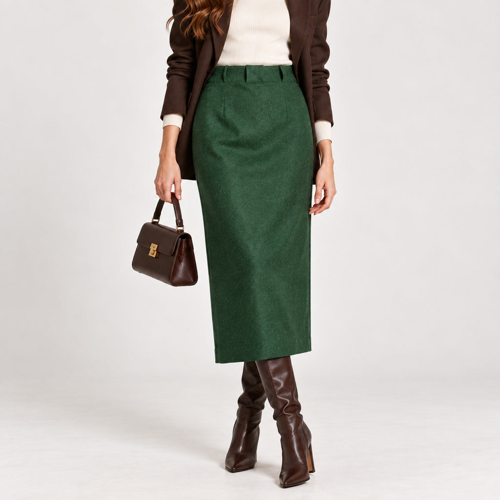 Fustă Mothwurf verde midi, vedere apropiată pe model