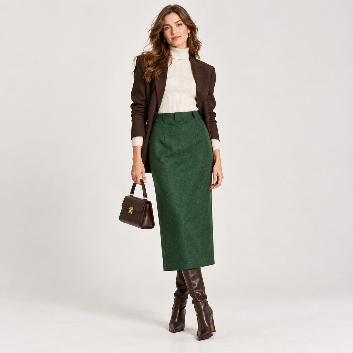 Fustă Mothwurf verde din lână și angora, vedere frontală pe model