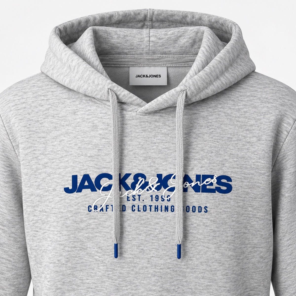 Hanorac Jack & Jones gri melanj cu logo albastru, detaliu logo și glugă