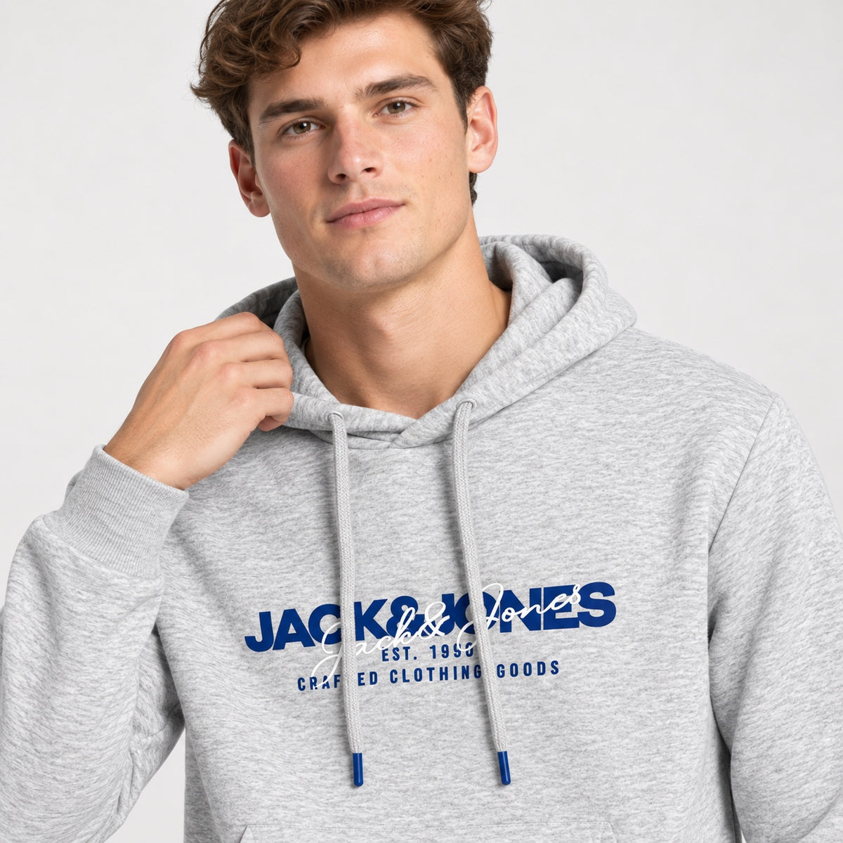 Hanorac Jack & Jones gri melanj cu logo albastru, detaliu frontal