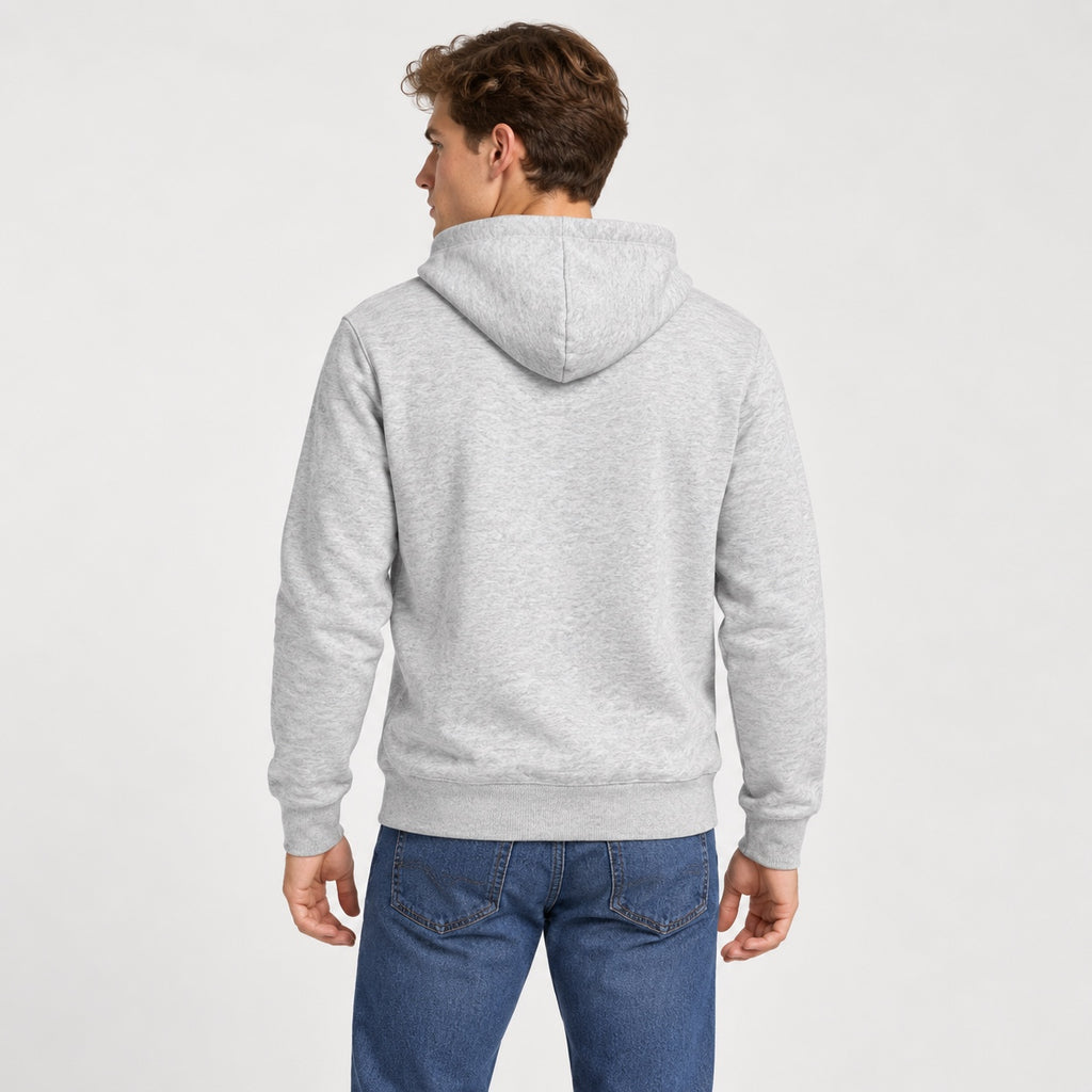 Hanorac Jack & Jones gri melanj cu logo albastru, vedere din spate pe model