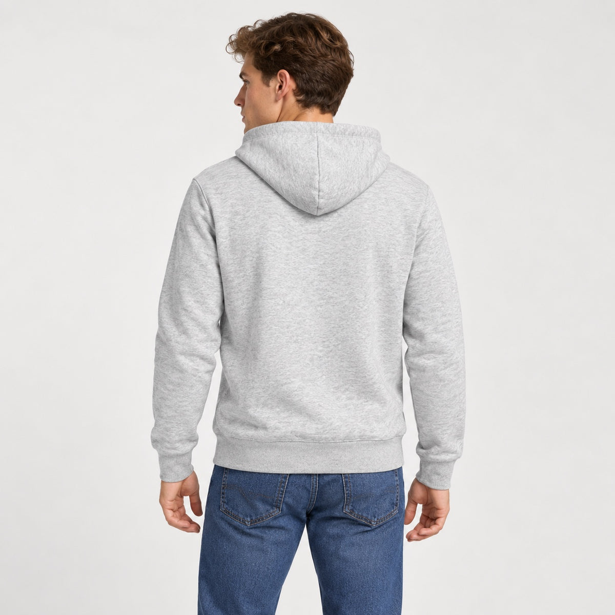 Hanorac Jack & Jones gri melanj cu logo albastru, vedere din spate pe model