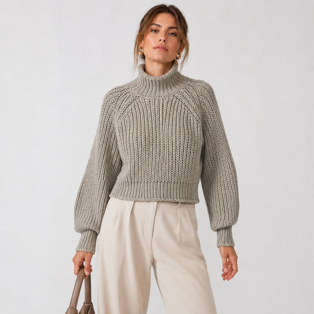 Pulover H&M cropped greige cu guler înalt