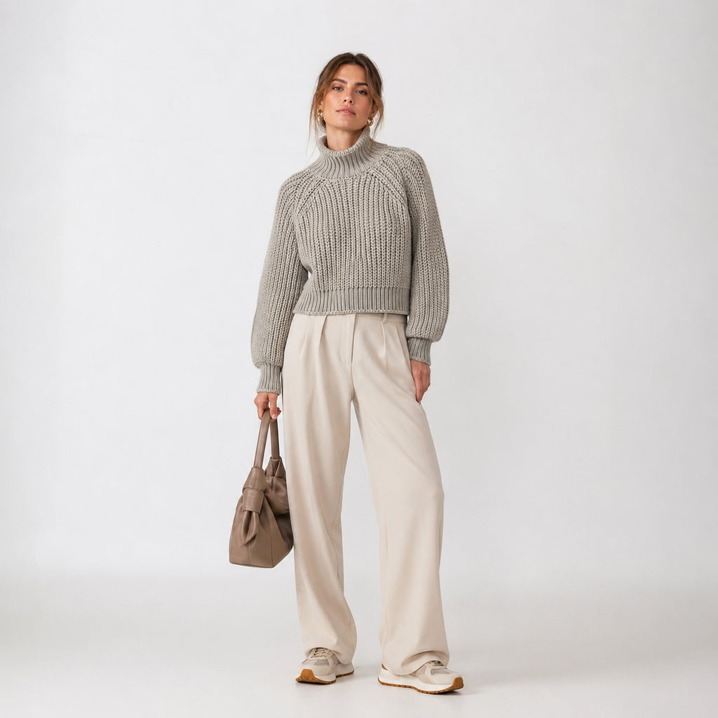 Pulover H&M cropped greige cu guler înalt
