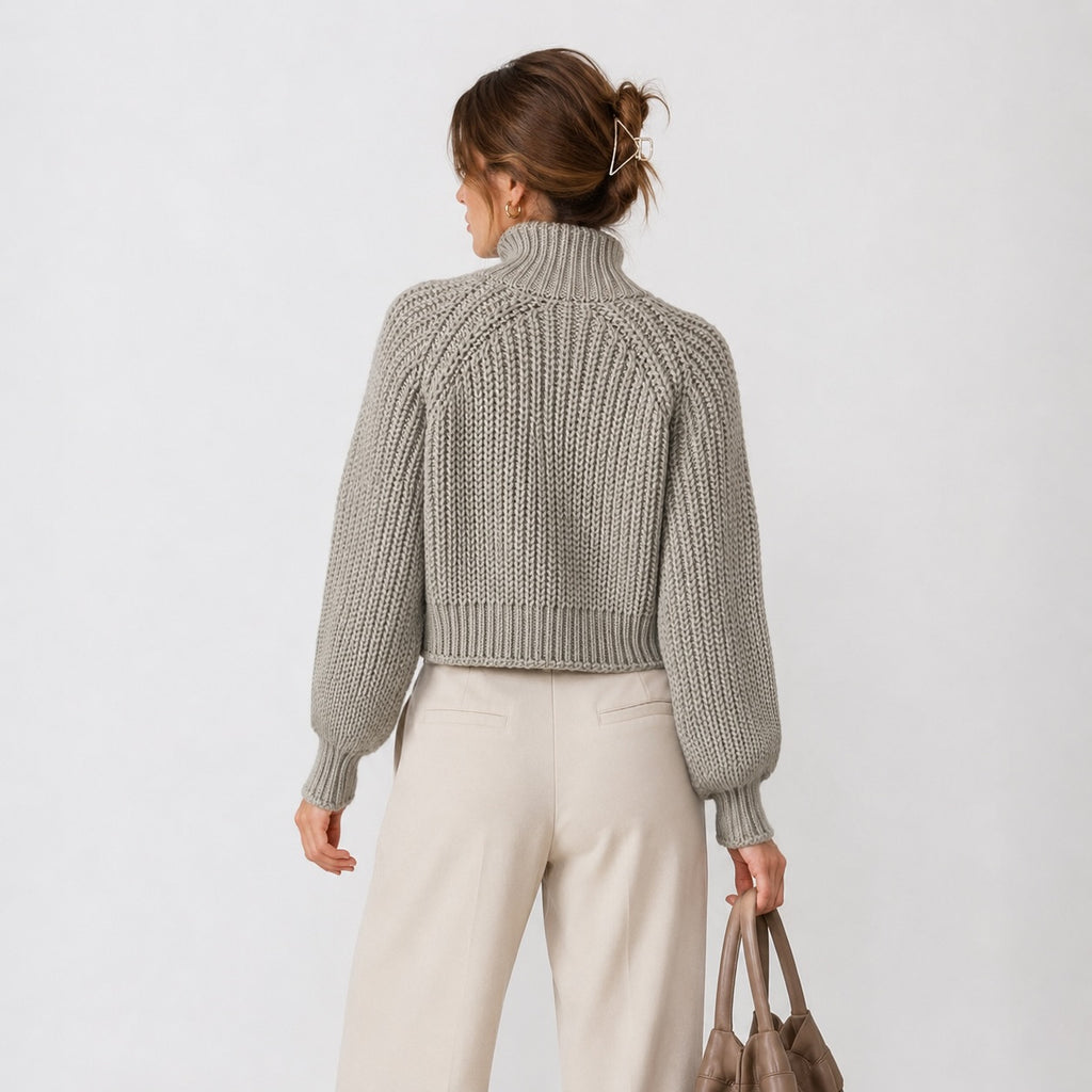 Pulover H&M cropped greige cu guler înalt