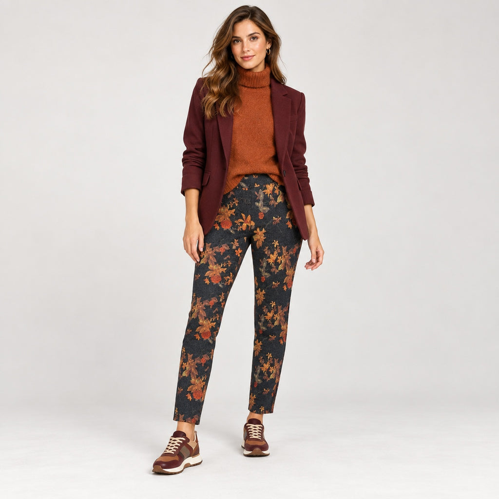 Pantaloni Laura Torelli Classic negri cu imprimeu floral